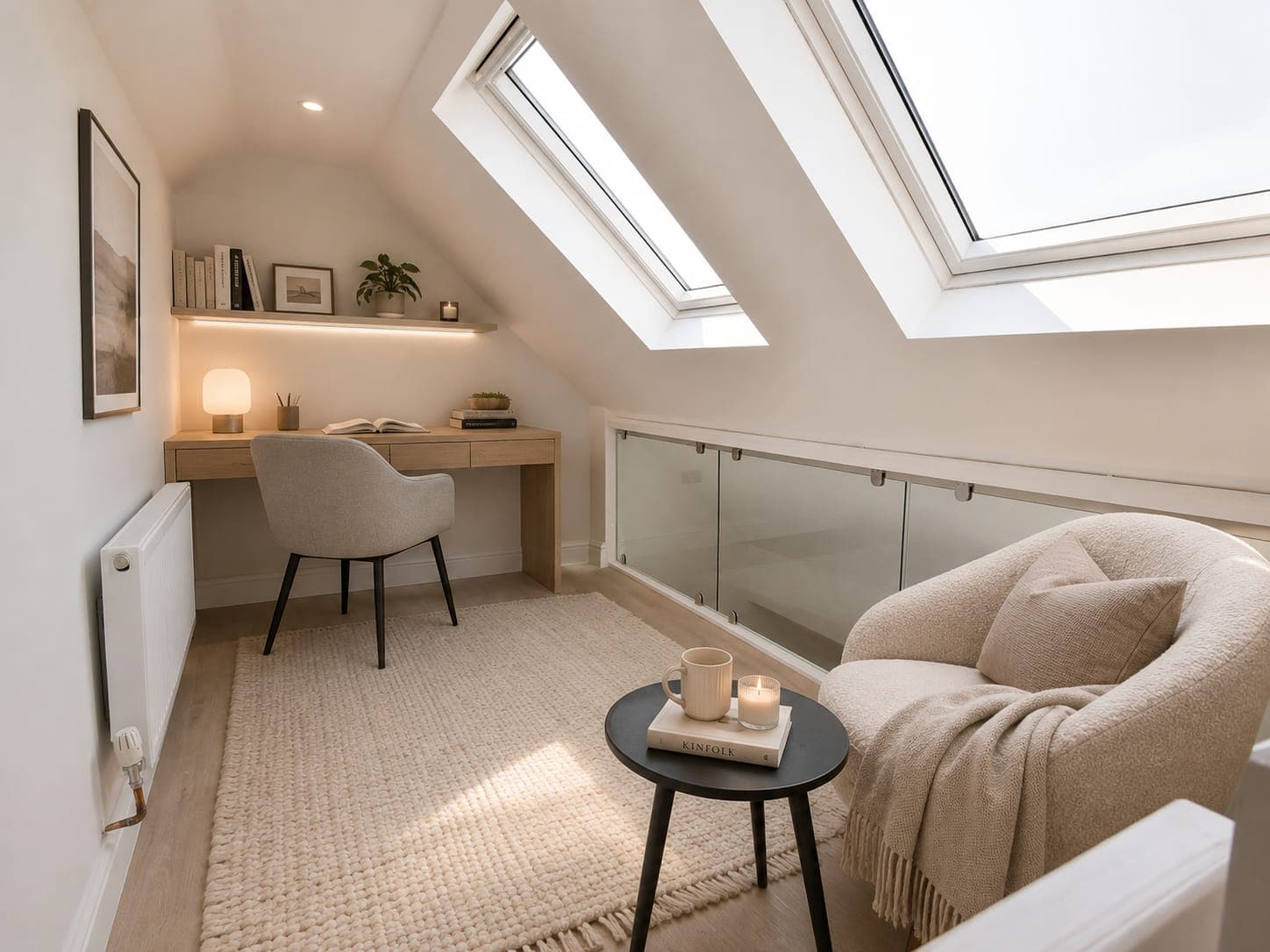 Loft study and lounge beneath the rooflights