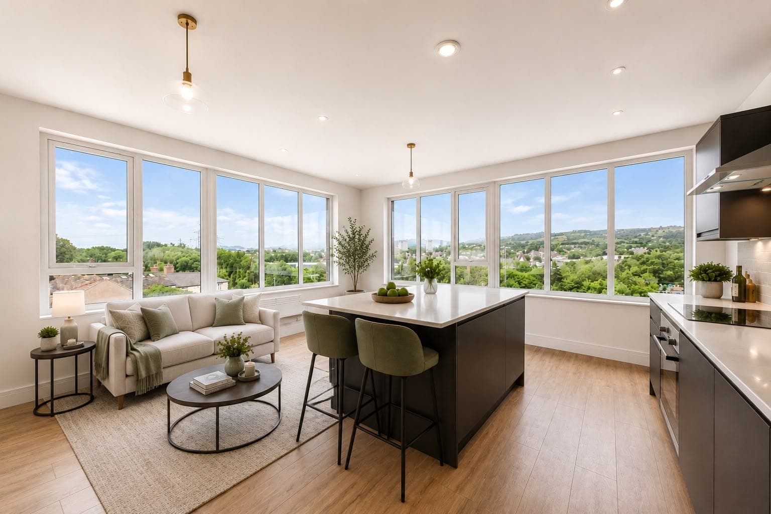 Open-plan living and kitchen with corner windows towards the hills