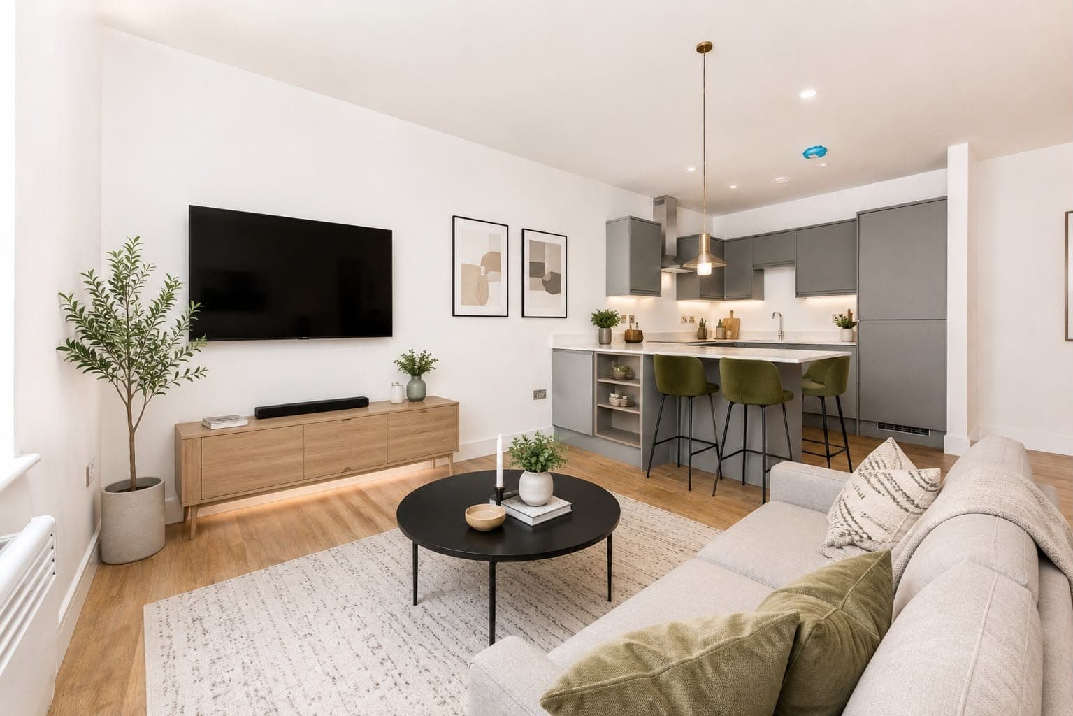 Open-plan living space with the kitchen island beyond