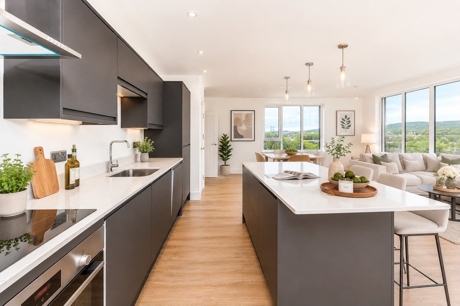 Kitchen with island, looking through to the living space