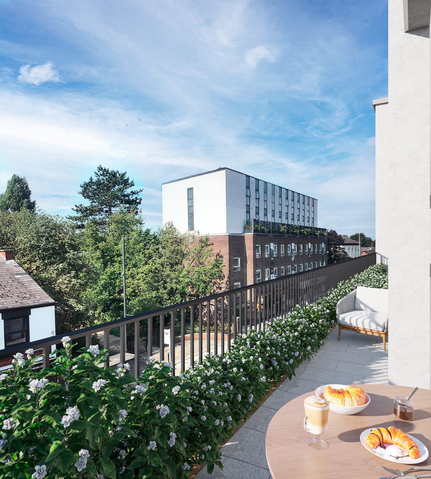 The roof terrace with planting and seating