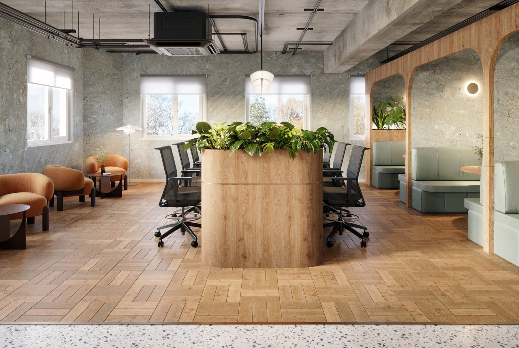 Coworking space with arched booth seating and herringbone flooring