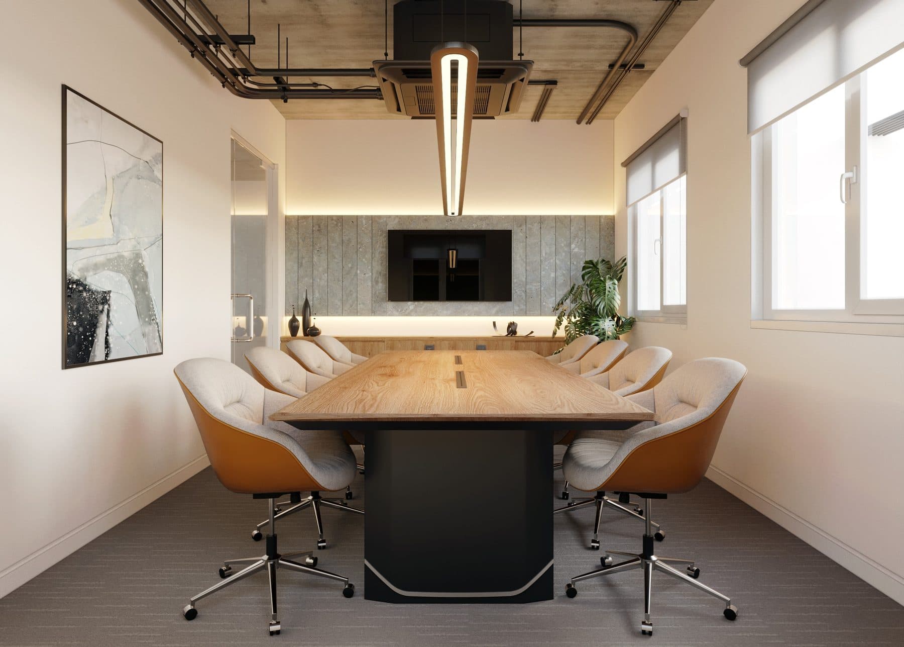 Meeting room with an oak table, screen and linear pendant lighting