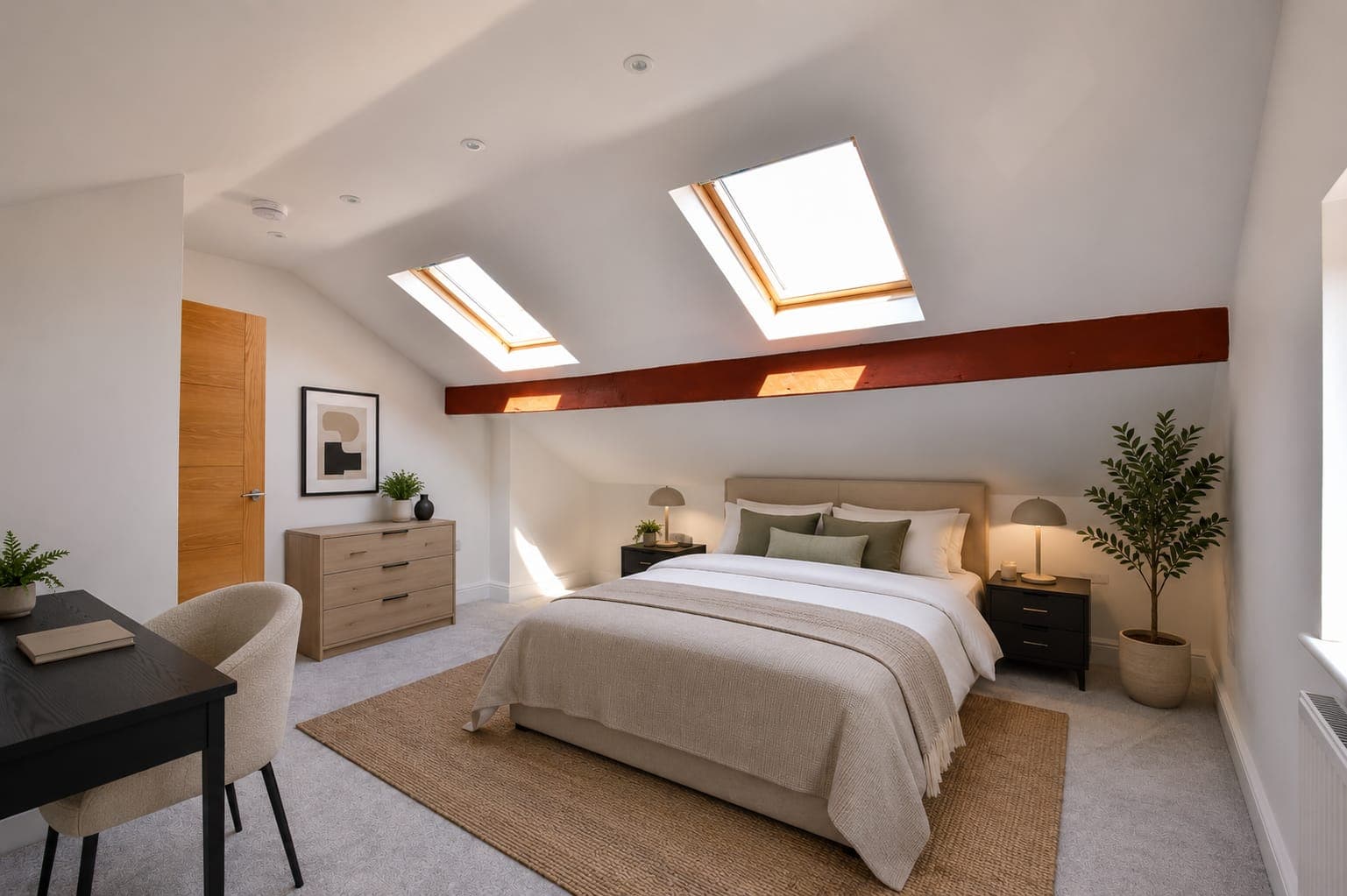 Loft bedroom beneath the rooflights